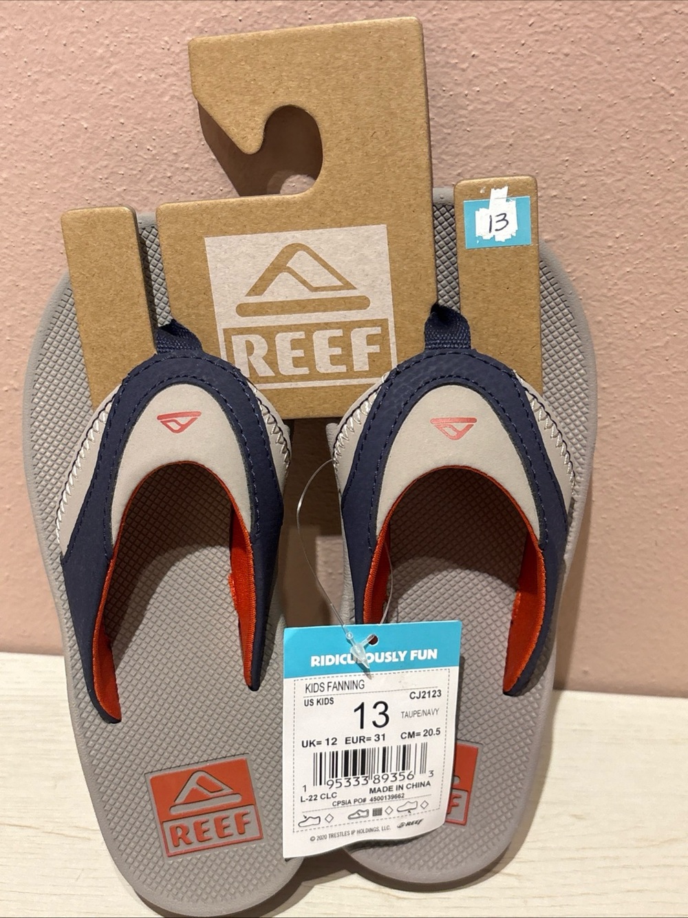 Reef Kids Fanning Sandals Sz 13 Taupe Navy NEW